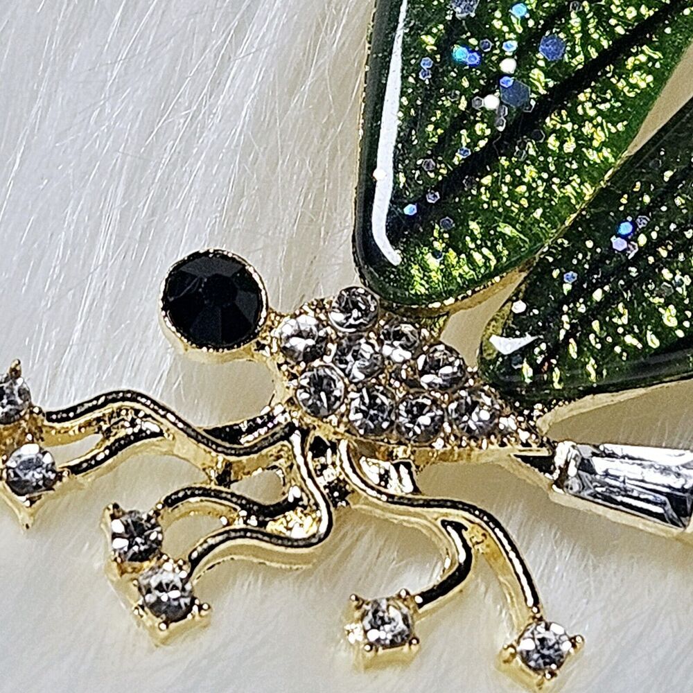 Dragonfly Brooch Pin Clear Rhinestone Green Acrylic Wings Costume Jewelry Nature - Picture 5 of 8